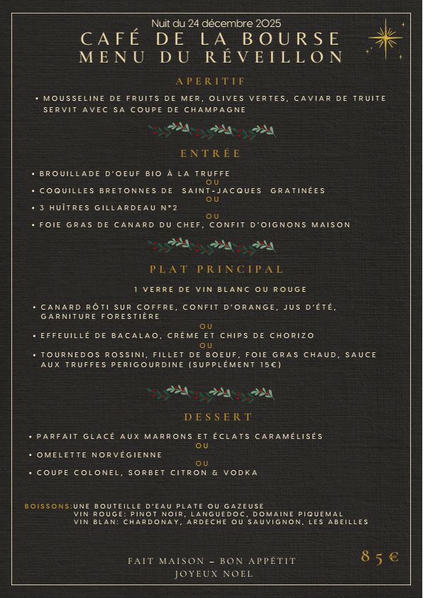 Menu du réveillon Café de la Bourse à Valencia