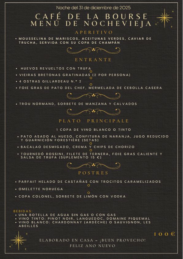 Menu Nochevieja Café de la Bourse en Valencia